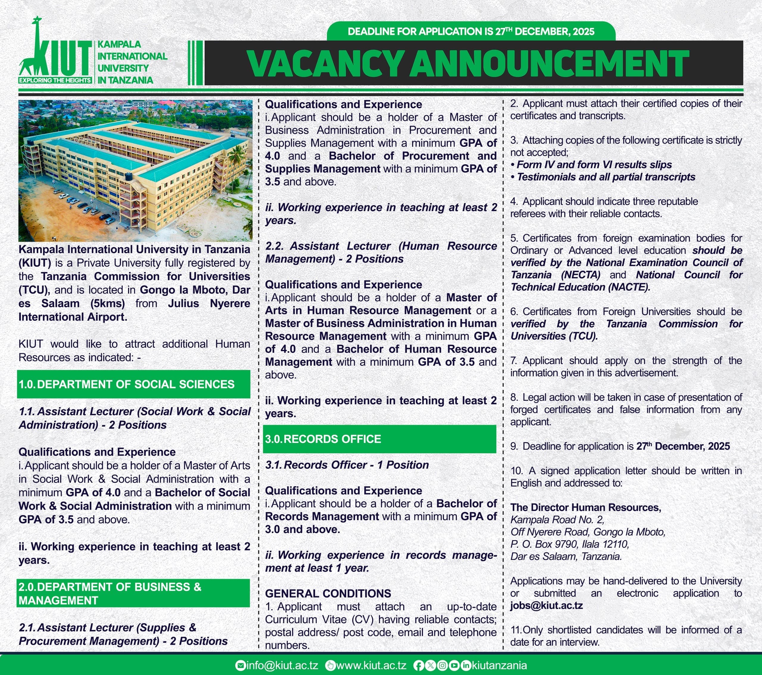 KIUT Vacancy Announcement
