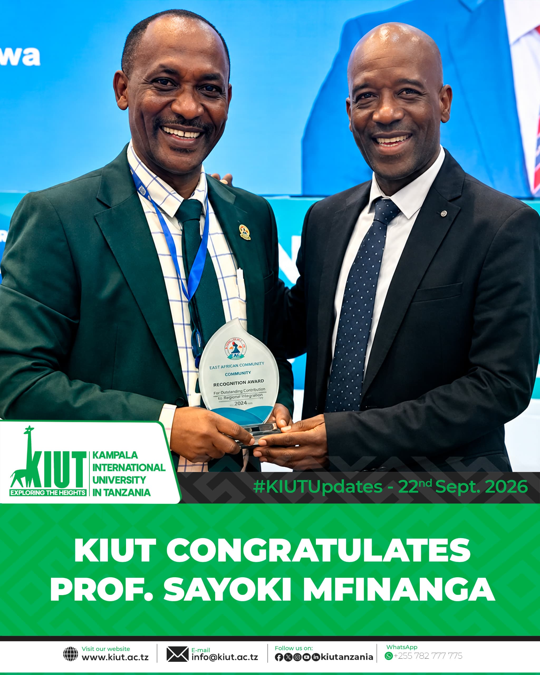 KIUT Congratulates Prof. Sayoki Mfinanga